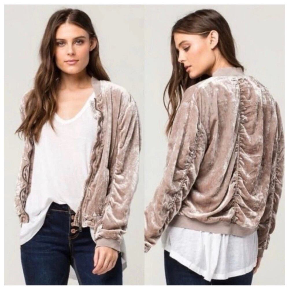 FREE PEOPLE Jacket Womens S Oversize Velour Bomber Zip READ